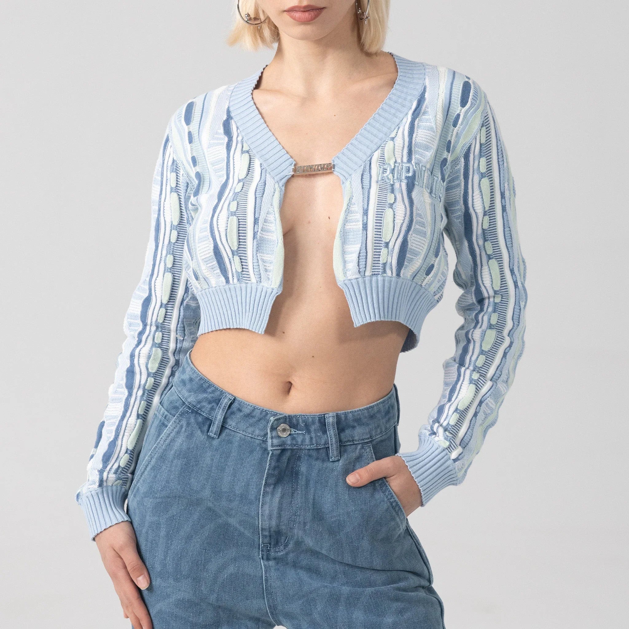 Corded Knit Cropped Long Sleeve (Light Blue) - Camiseta - Four Street