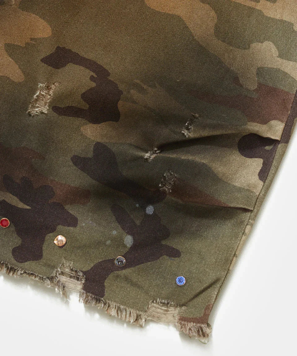 Distressed Capri Camo Trousers with Swarovski Crystals - Four Street