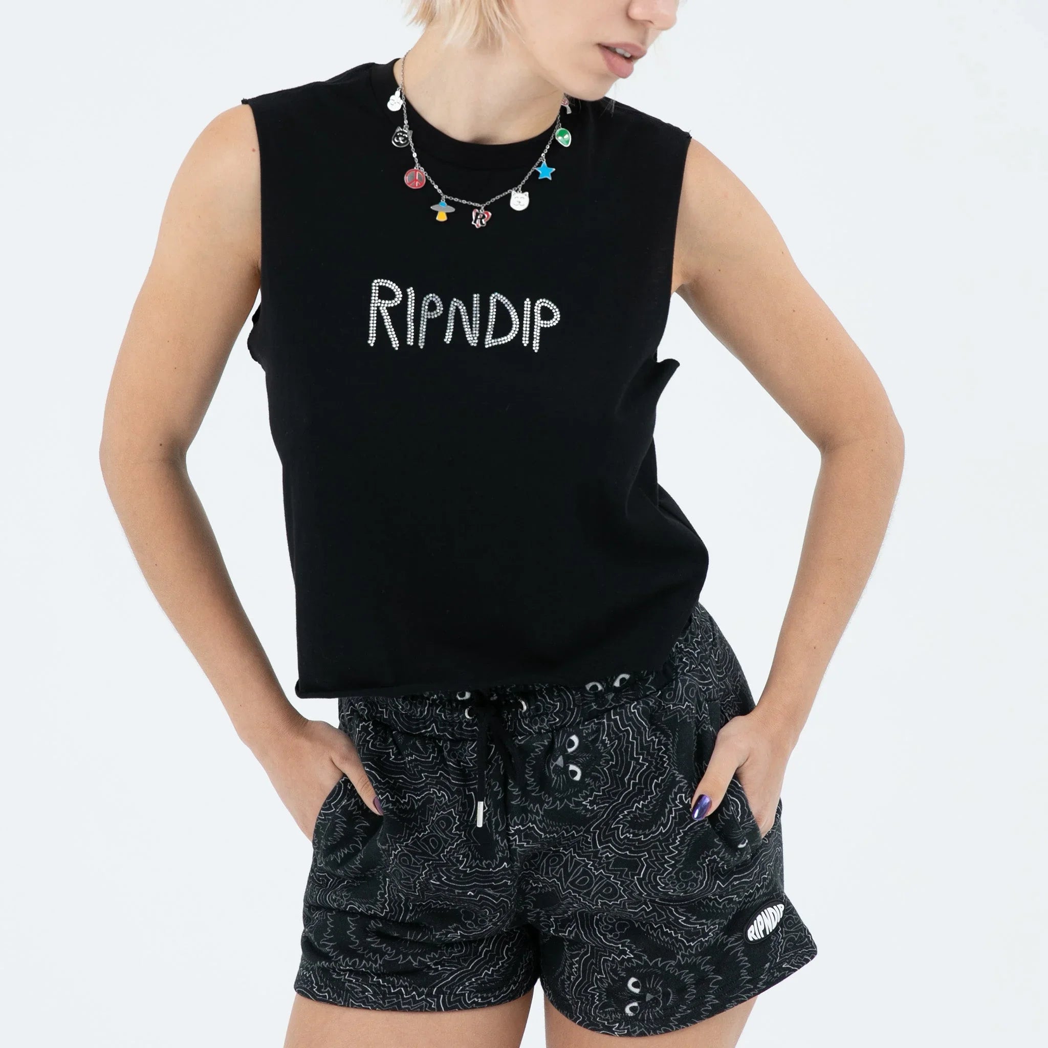 OG RIPNDIP Cropped Rhinestone Tank (Black) - Camiseta - Four Street